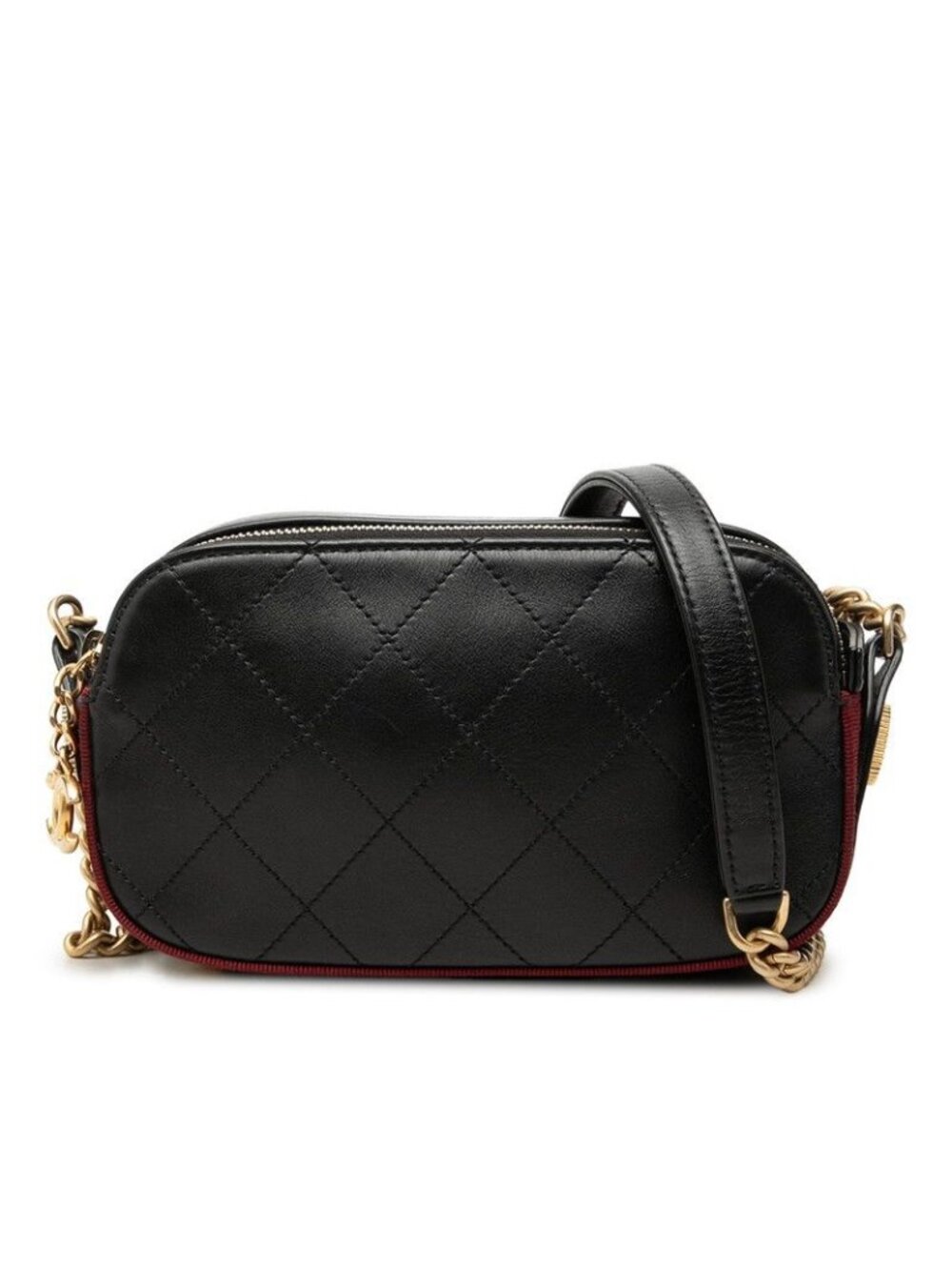Chanel Quilted CC Logo Camera Bag Crossbody Chain Black Wine Red Leather